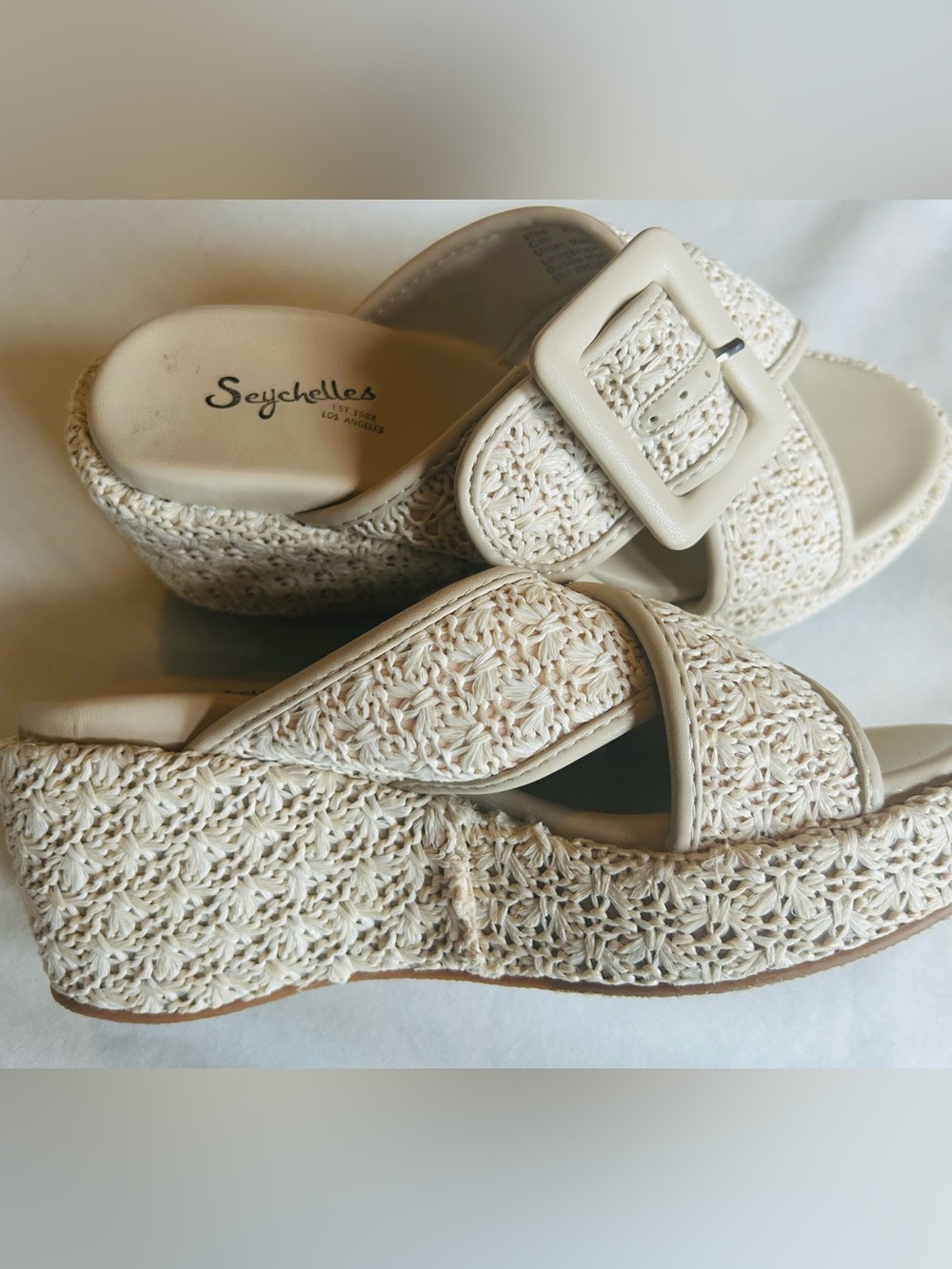 Seychelles Cream Crochet Wedge Slides with Buckle